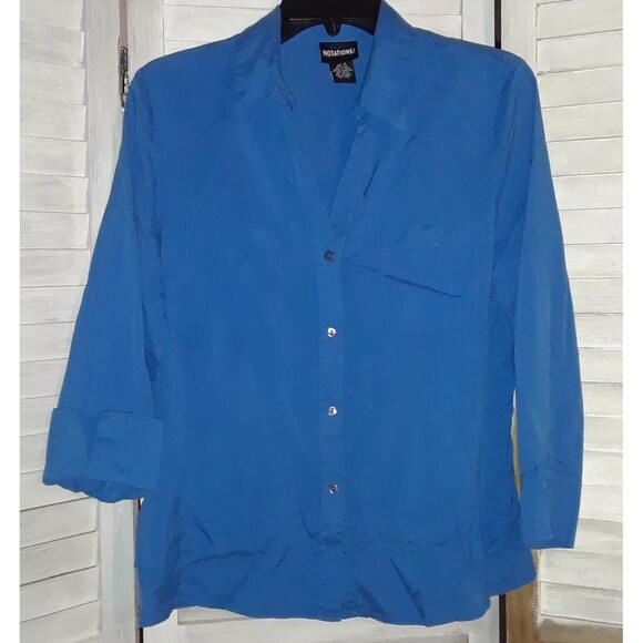 Notations Women's Silk Blouse Size Medium 3/4 Sleeve Button Down Career Blue - Picture 3 of 9